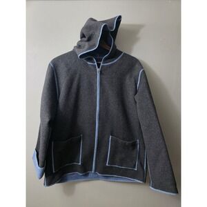 Unbranded Wool Feel Full Zip Hooded Jacket Charcoal Grey Blue Contrast Stitch L